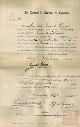 Torres Toyos, Aurelio- Cédula de nacionalidad